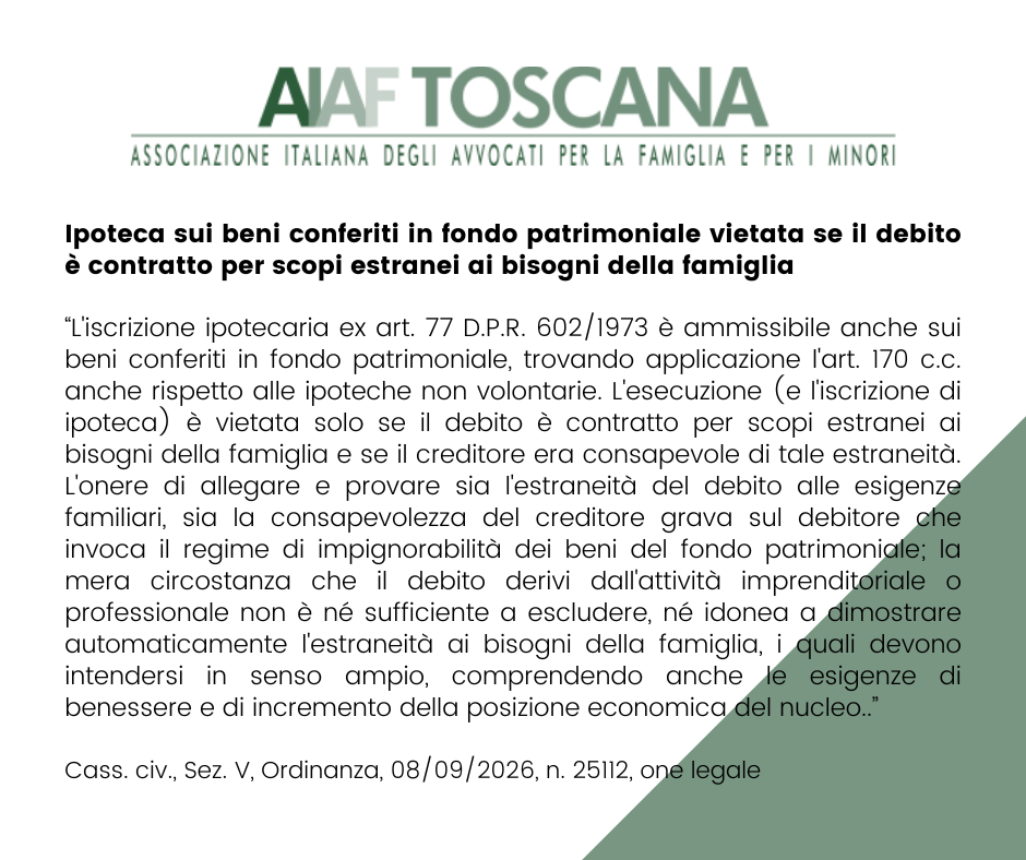 Rassegna giurisprudenziale: Ipoteca sui beni conferiti in fondo patrimoniale vietata se il debito è contratto per scopi estranei ai bisogni della famiglia